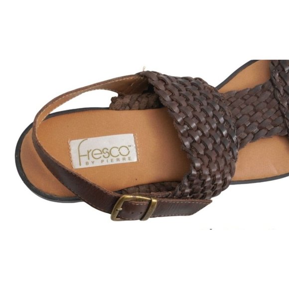 Woven Leather Sandals, T-Strap Slingbacks, Womens Size 11 Shoes, Brown Huarache - Picture 4 of 7
